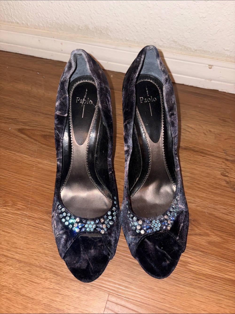 Paolo Navy Velvet Peep-Toe Heels with Crystal Accents